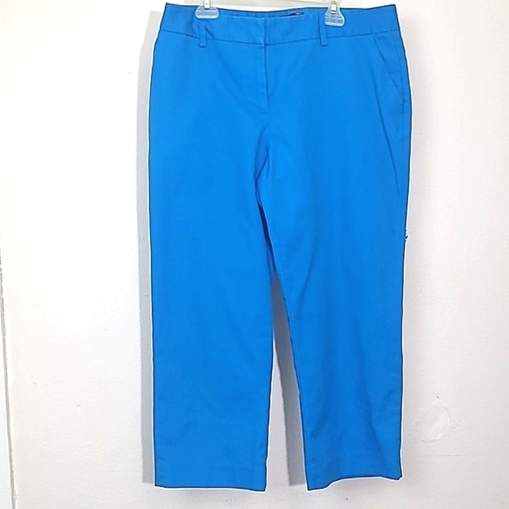 Capris Bright blue Cotton blend Stretch Straight Leg Belt Loops Slit Pockets